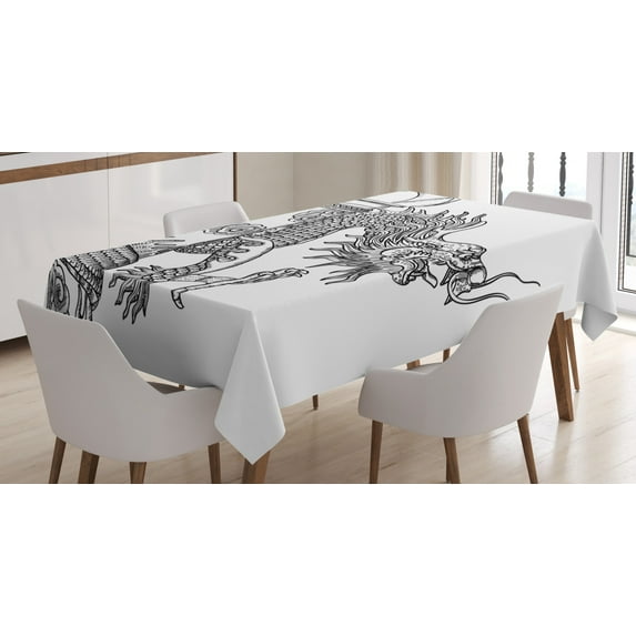 Ambesonne Dragon Tablecloth Rectangular Table Cover, Chinese Creature, 60"x84", Black White