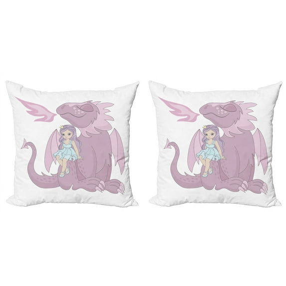 Ambesonne Dragon Throw Pillow Cover 2 Pack, Cartoon Sitting on Creature, 16", Grey Pink White