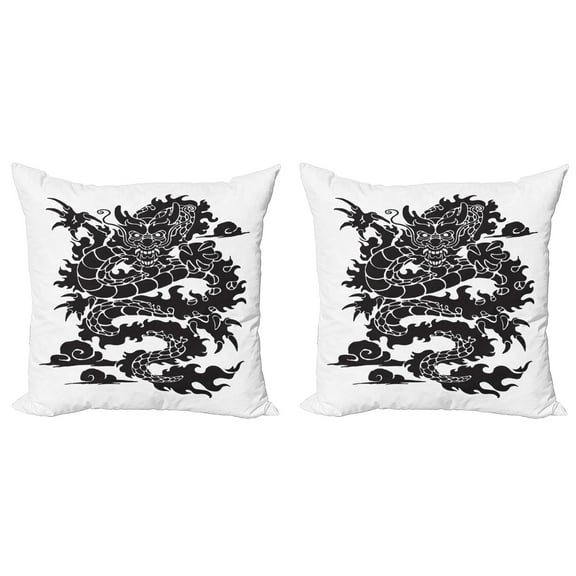 Ambesonne Dragon Throw Pillow Cover 2 Pack, Cultural Chinese Silhouette, 16", Charcoal Grey and White