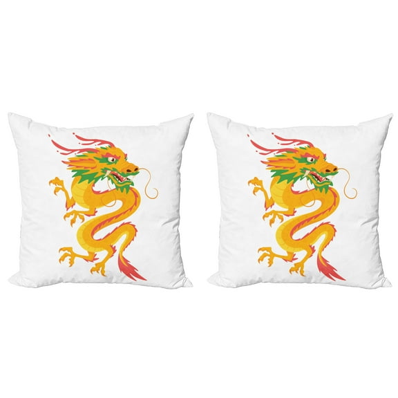 Ambesonne Dragon Throw Pillow Cover 2 Pack, Fierce Animal Cartoon Design, 16", Fern Green Orange