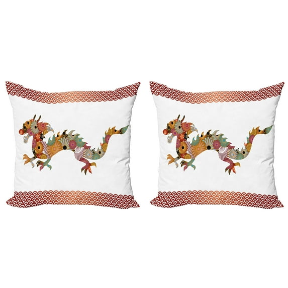 Ambesonne Dragon Throw Pillow Cover 2 Pack, Floral Ornate Folk Body, 18", Multicolor