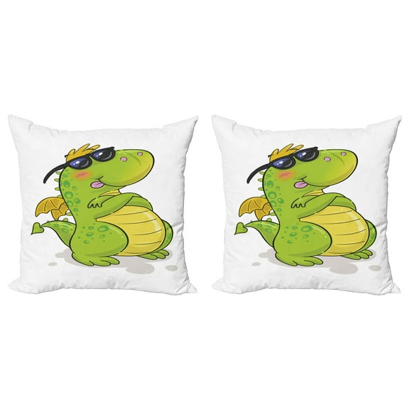 Ambesonne Dragon Throw Pillow Cover 2 Pack, Funny Dino Cartoon Character, 20", Apple Green Multicolor