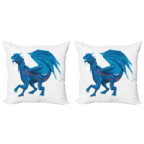 Ambesonne Dragon Throw Pillow Cover 2 Pack, Wild Creature with Wings, 16", Dark Coral Sea Blue
