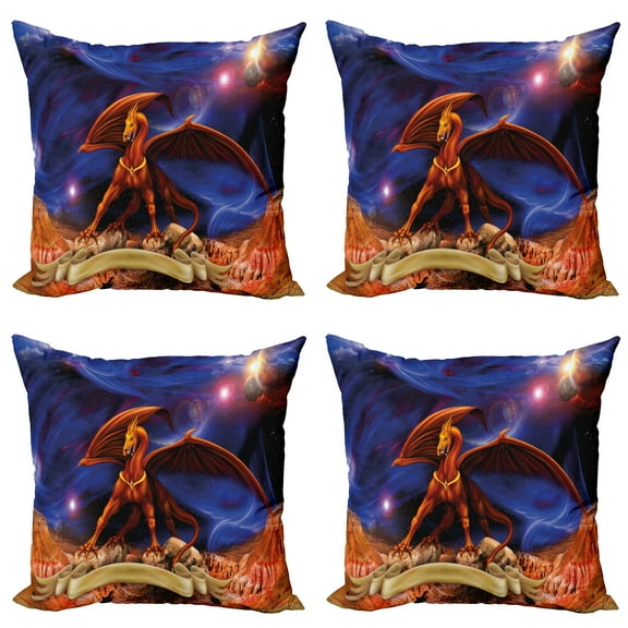 Ambesonne Dragon Throw Pillow Cover 4 Pack, Dragon Knight Cosmos, 24", Blue Cinnamon