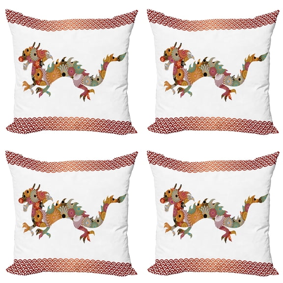 Ambesonne Dragon Throw Pillow Cover 4 Pack, Floral Ornate Folk Body, 24", Multicolor