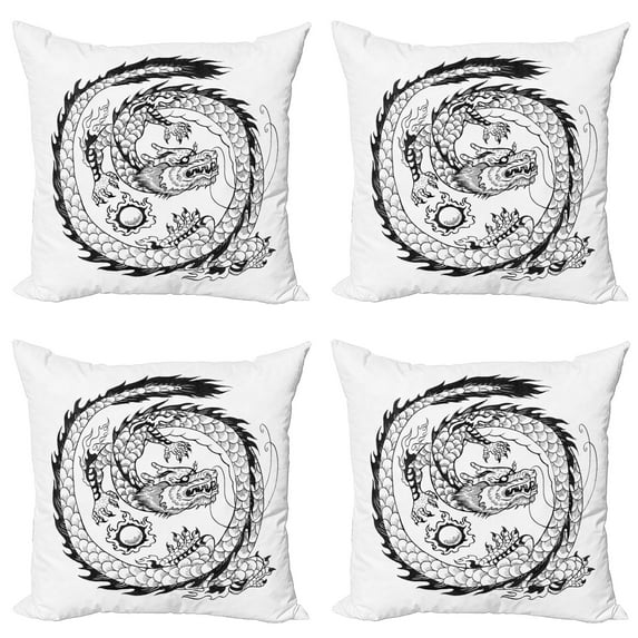 Ambesonne Dragon Throw Pillow Cover 4 Pack, Japanese, 16", White and Black