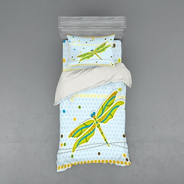 Ambesonne Dragonfly Bedding Set 3 Pcs, Cartoon Theme, Twin, Lime Green Pale Blue