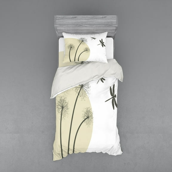 Ambesonne Dragonfly Bedding Set 3 Pcs, Dandelions Spring Art, Twin, Tan Army Green
