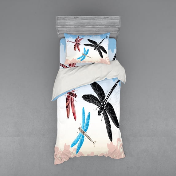 Ambesonne Dragonfly Bedding Set 3 Pcs, Exotic Animal Wing, Twin, Black Blue Pale Pink