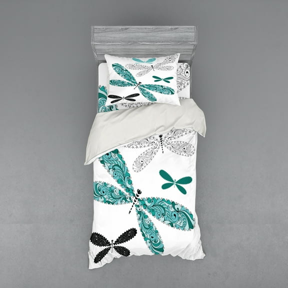 Ambesonne Dragonfly Bedding Set 3 Pcs, Ornate Damask, Twin, Teal Turquoise Black