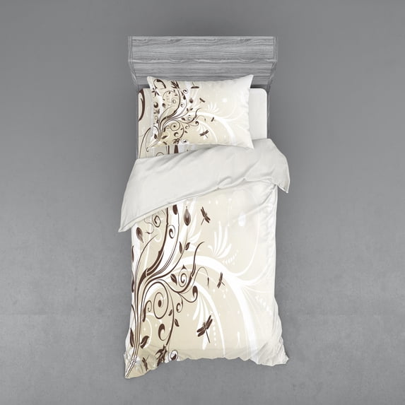 Ambesonne Dragonfly Bedding Set 3 Pcs, Seasonal Flourish, Twin, Eggshell Brown
