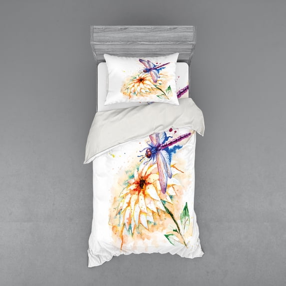 Ambesonne Dragonfly Bedding Set 3 Pcs, Watercolor Lily Bloom, Twin, Multicolor
