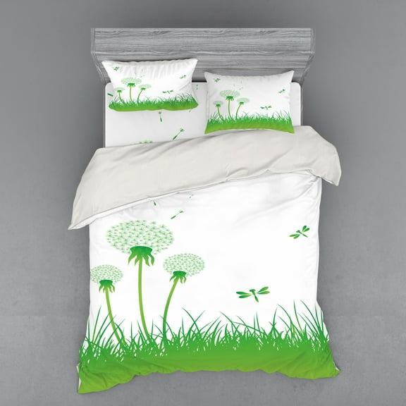Ambesonne Dragonfly Bedding Set 4 Pcs, Ecology Greenland, Queen, Lime Green White