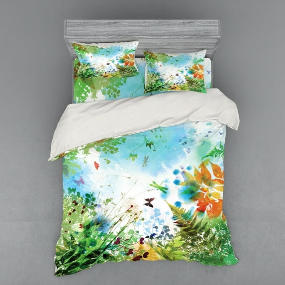 Ambesonne Dragonfly Bedding Set 4 Pcs, Ferns Flourishing Nature, Queen, Multicolor