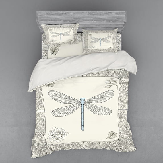 Ambesonne Dragonfly Bedding Set 4 Pcs, Royal Rose Petals, Queen, Black Pale Blue