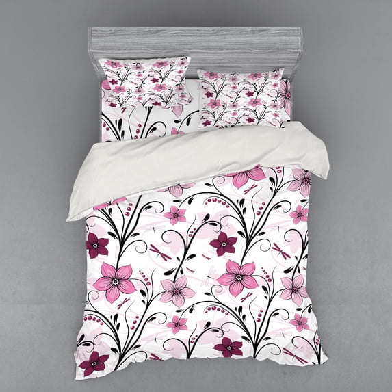 Ambesonne Dragonfly Bedding Set 4 Pcs, Shabby Plant Florets, Queen, Pale Pink Dried Rose
