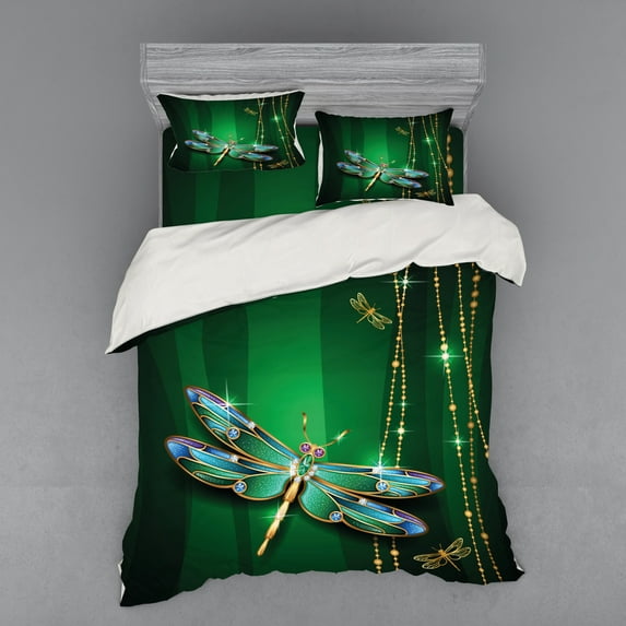 Ambesonne Dragonfly Bedding Set 4 Pcs, Vivid Gemstone, Queen, Emerald Multicolor