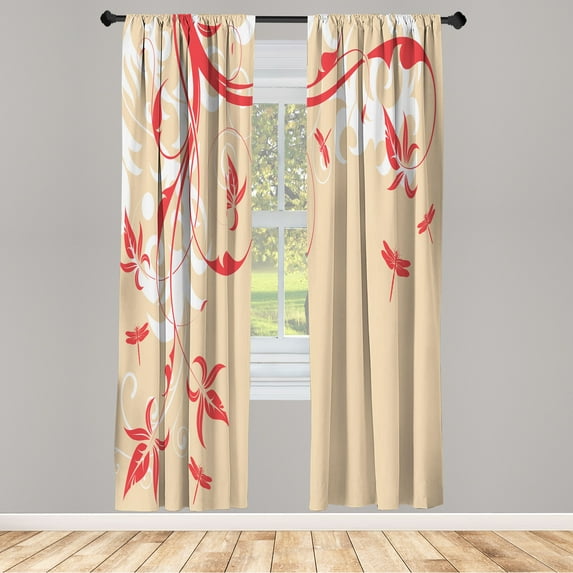 Ambesonne Dragonfly Curtains, Swirled Floral Branches, Pair of 28"x63", Pale Peach