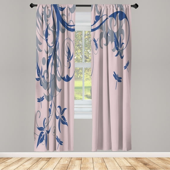 Ambesonne Dragonfly Curtains, Swirled Floral Branches, Pair of 28"x63", Sea Blue