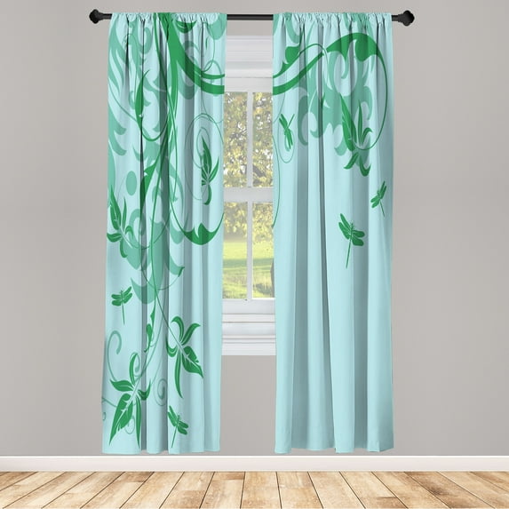 Ambesonne Dragonfly Curtains, Swirled Floral Branches, Pair of 28"x84", Fern Green