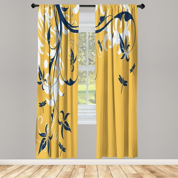 Ambesonne Dragonfly Curtains, Swirled Floral Branches, Pair of 28"x84", Navy Blue
