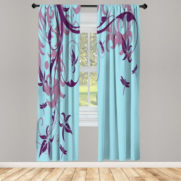 Ambesonne Dragonfly Curtains, Swirled Floral Branches, Pair of 28"x95", Pale Azure
