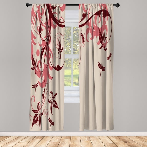 Ambesonne Dragonfly Curtains, Swirled Floral Branches, Pair of 28"x95", Pastel Pink