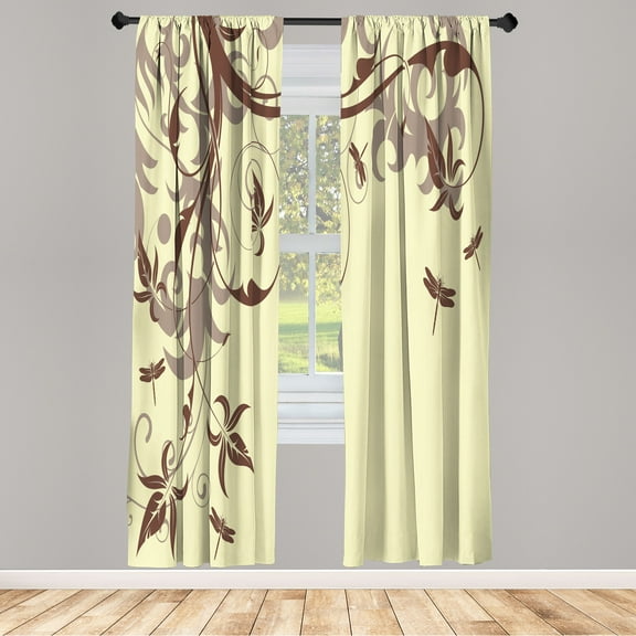 Ambesonne Dragonfly Curtains, Swirling Floral Damask, Pair of 28"x63", Cream Brown