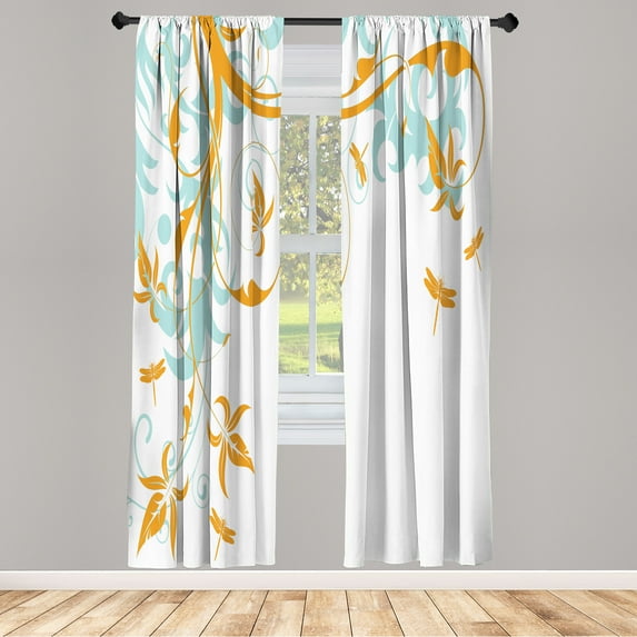 Ambesonne Dragonfly Curtains, Swirling Floral Damask, Pair of 28"x63", Marigold Seafoam