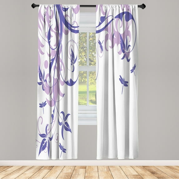 Ambesonne Dragonfly Curtains, Swirling Floral Damask, Pair of 28"x84", Ceil Blue
