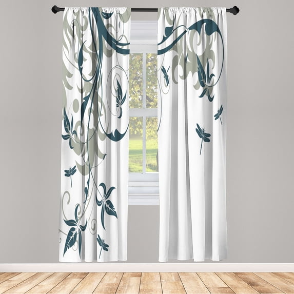 Ambesonne Dragonfly Curtains, Swirling Floral Damask, Pair of 28"x84", Dark Teal