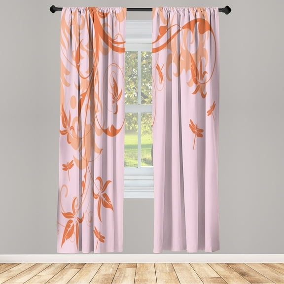 Ambesonne Dragonfly Curtains, Swirling Floral Damask, Pair of 28"x84", Pale Rose