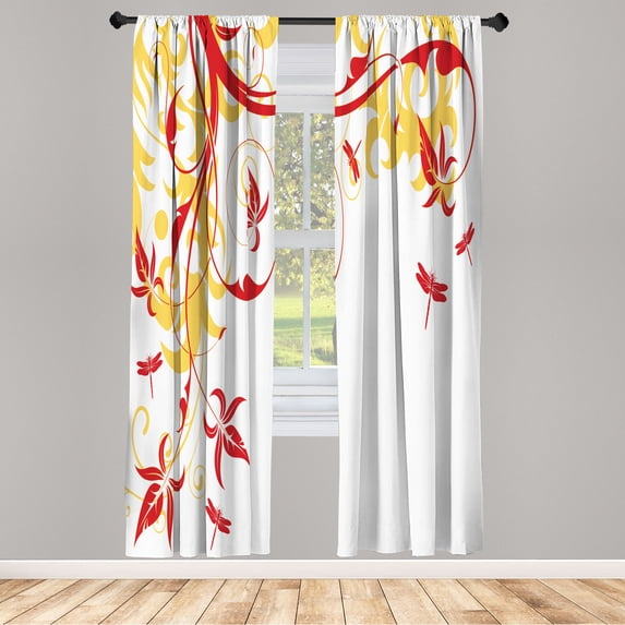 Ambesonne Dragonfly Curtains, Swirling Floral Damask, Pair of 28"x95", Dark Coral
