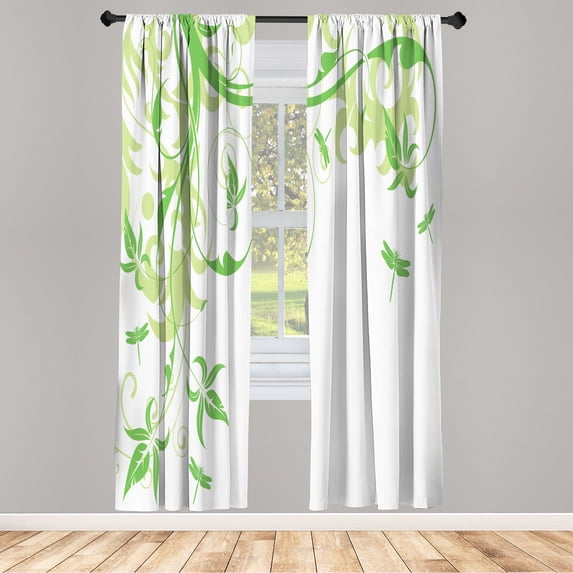 Ambesonne Dragonfly Curtains, Swirling Floral Damask, Pair of 28"x95", Lime Green