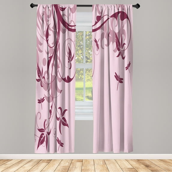 Ambesonne Dragonfly Curtains, Swirling Floral Damask, Pair of 28"x95", Pale Salmon
