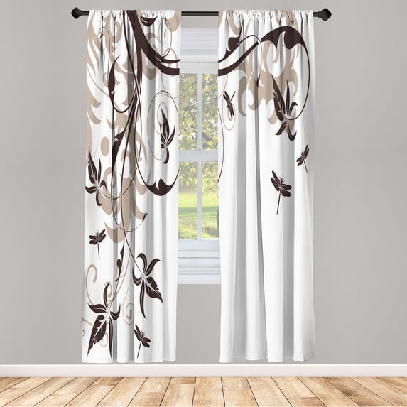 Ambesonne Dragonfly Curtains, Swirling Floral Damask, Pair of 28"x95", Warm Taupe