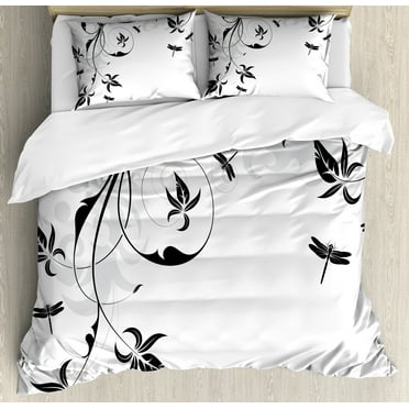 Ambesonne Dragonfly Duvet Cover Set, Damask Curl Leaves, Calking, Pale Grey Black White