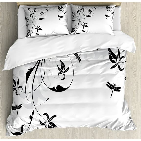 Ambesonne Dragonfly Duvet Cover Set, Damask Curl Leaves, Queen, Pale Grey Black White