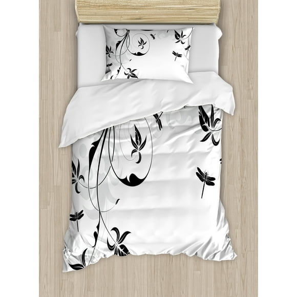 Ambesonne Dragonfly Duvet Cover Set, Damask Curl Leaves, Twin, Pale Grey Black White