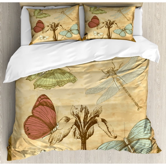 Ambesonne Dragonfly Duvet Cover Set, Retro Butterflies Art, Calking, Sand Brown Caramel