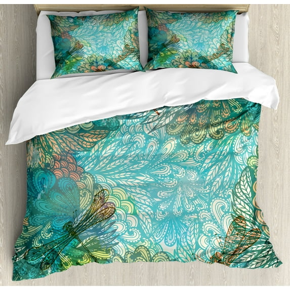 Ambesonne Dragonfly Duvet Cover Sets, Fantasy Flowers Mix, 2-King, Turquoise Amber