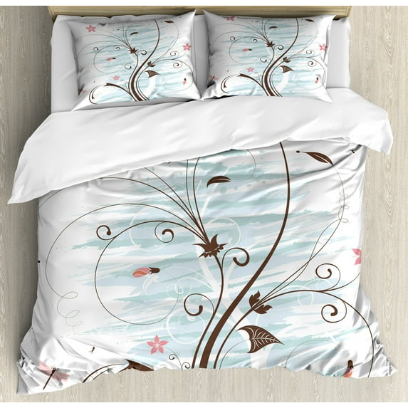 Ambesonne Dragonfly Duvet Cover Sets, Grunge Flower Buds, 2-King, Pale Pink Brown Mint
