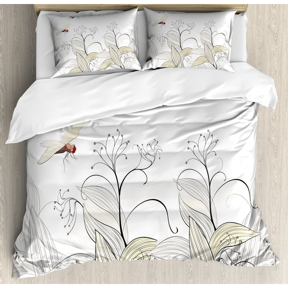 Ambesonne Dragonfly Duvet Cover Sets, Nature Branches Lake, 2-King, Cream Pearl