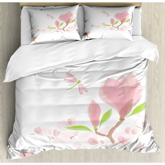 Ambesonne Dragonfly Duvet Cover Sets, Soft Magnolia Leaves, 2-Queen, Pale Pink Lime Green