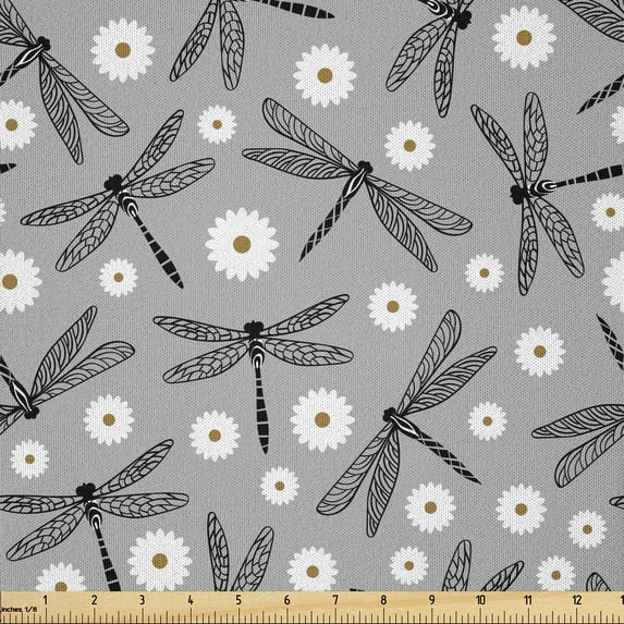 Ambesonne Dragonfly Fabric by the Yard Microfiber, Daisy Flowers Spring Art, 1 Yard, Grey White and Caramel