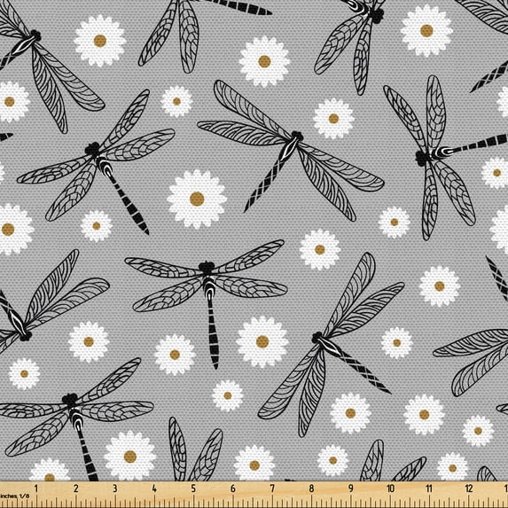 Ambesonne Dragonfly Fabric by the Yard Upholstery, Daisy Flowers Spring Art, 3 Yards, Grey White and Caramel