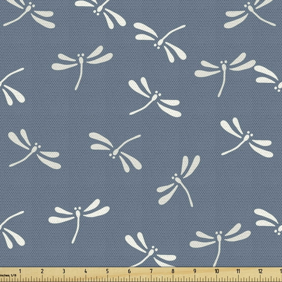 Ambesonne Dragonfly Fabric by the Yard Upholstery, Japanese Style Nature, 1 Yard, Slate Blue White
