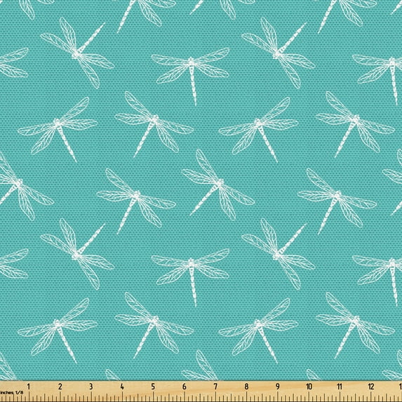 Ambesonne Dragonfly Fabric by the Yard Upholstery, Simple Minimalist Motif, 3 Yards, Turquoise and White