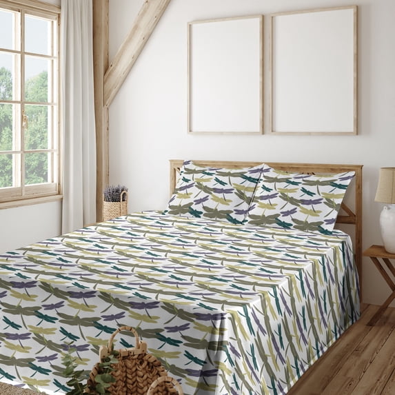 Ambesonne Dragonfly Fitted & Flat Sheet with Shams 4 Pcs Set, Colorful Silhouettes Art, King, Mauve Khaki and Dark Teal
