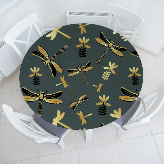 Ambesonne Dragonfly Fitted Round Tablecloth, Demoiselle Silhouettes, 45"- 56" Diameter, Grey Teal Sand Brown